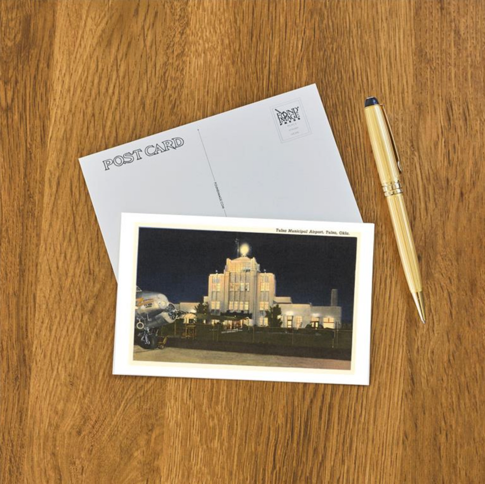 Classic postcard featuring Tulsa Municipal Airport in vintage-style illustration, perfect for collectors and aviation fans.