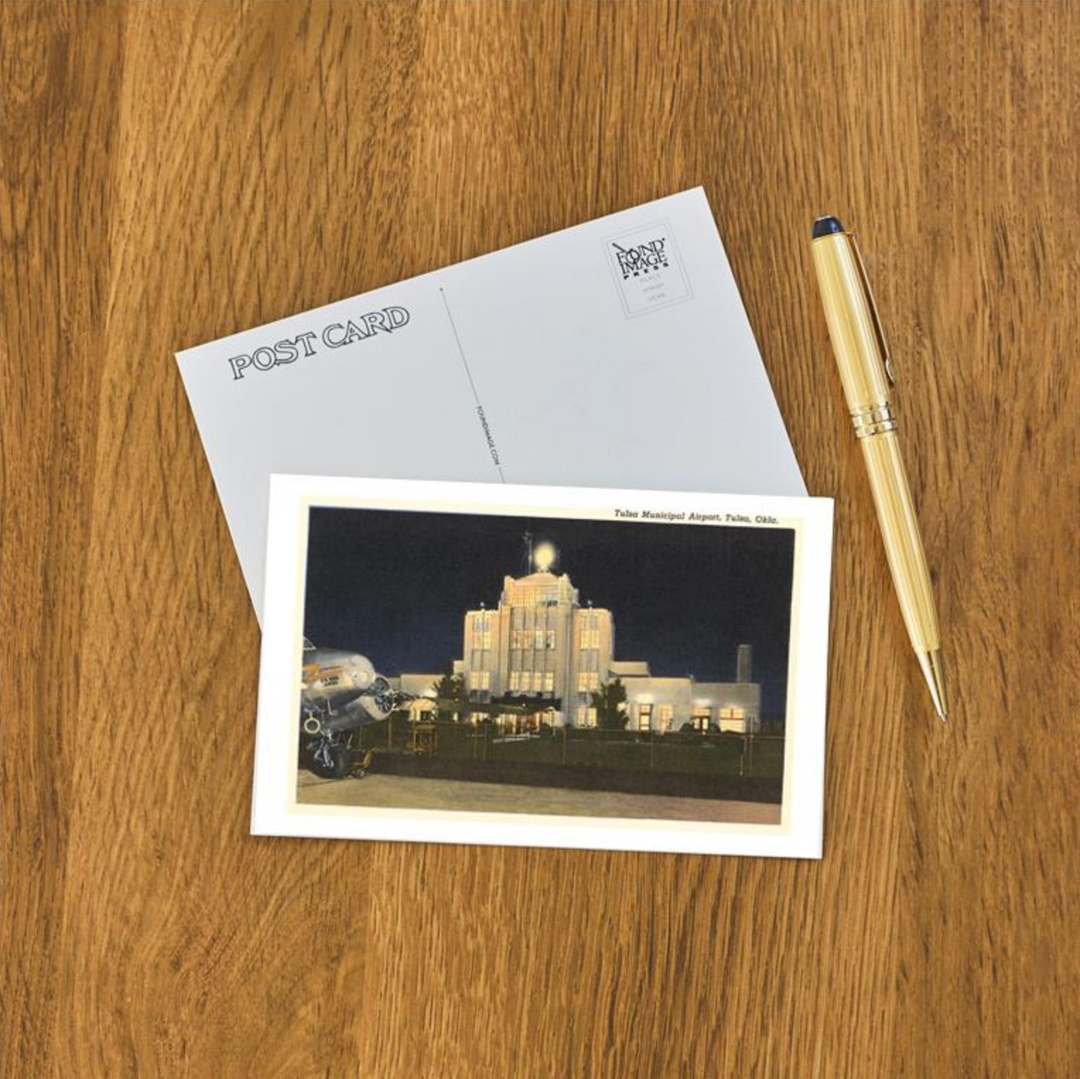 Classic postcard featuring Tulsa Municipal Airport in vintage-style illustration, perfect for collectors and aviation fans.