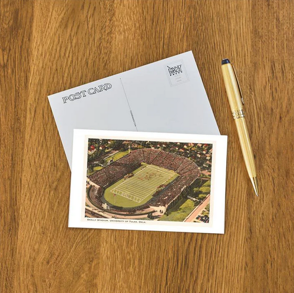Classic postcard artwork of Skelly Stadium at the University of Tulsa, perfect for alumni and collectors.