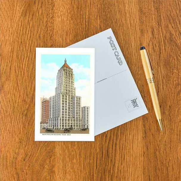 Historic-style postcard of Tulsa’s Waite Phillips Building, a landmark of early 20th-century architecture.