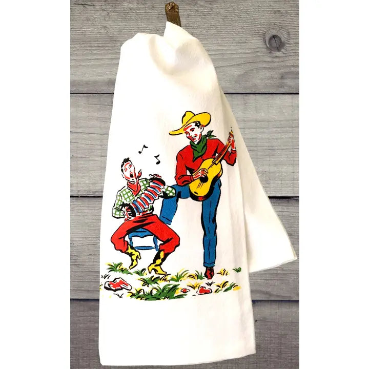Retro cowboys singing with guitars kitchen towel