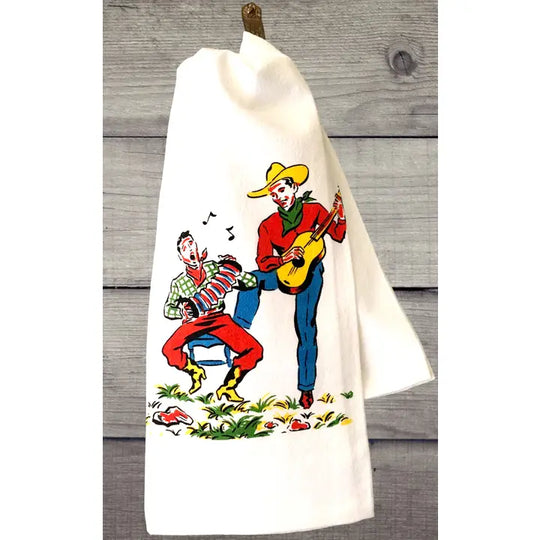 Retro cowboys singing with guitars kitchen towel