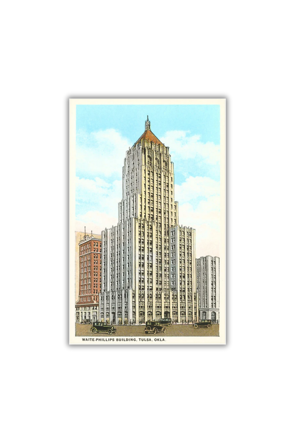 Retro postcard featuring the Waite Phillips Building in downtown Tulsa, Oklahoma, with classic architectural detail.