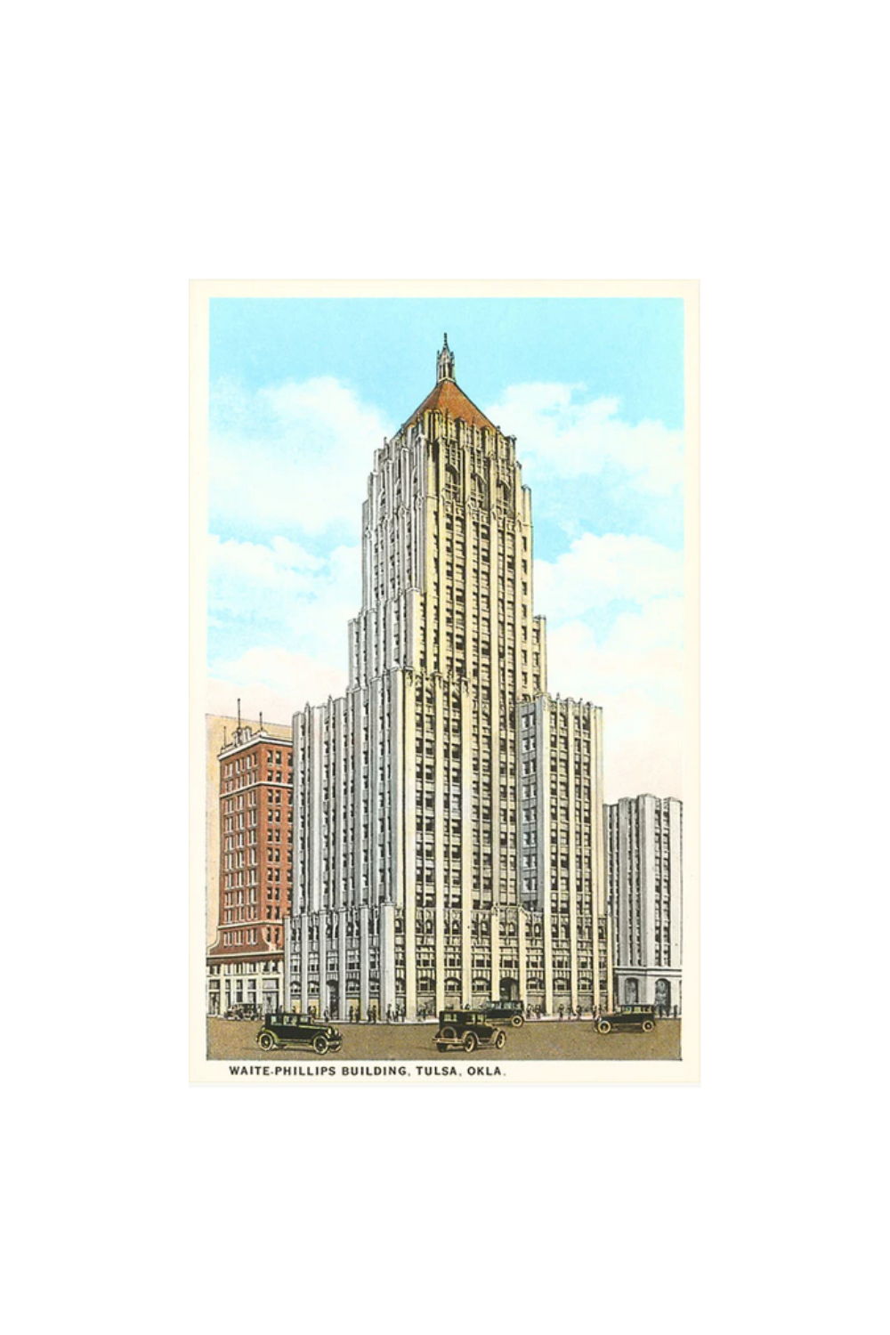 Retro postcard featuring the Waite Phillips Building in downtown Tulsa, Oklahoma, with classic architectural detail.
