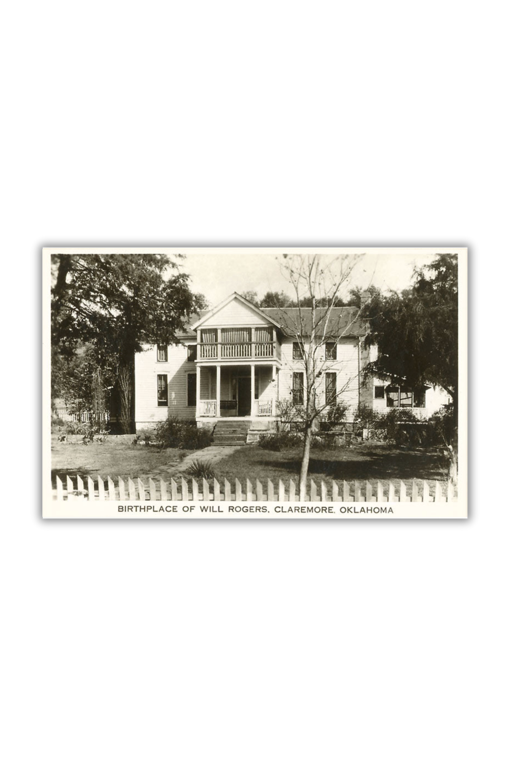 Retro-style postcard of the Will Rogers Birthplace home in Claremore, Oklahoma, vintage historic souvenir.