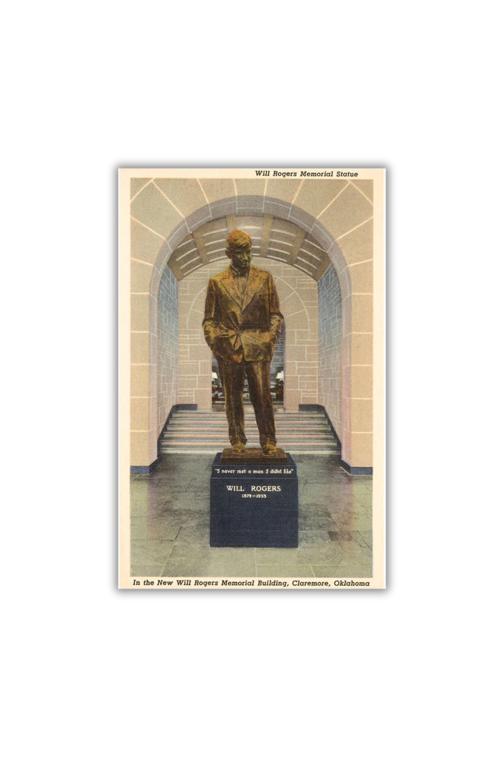 Retro-style postcard of the Will Rogers statue inside the Will Rogers Memorial Museum in Claremore, Oklahoma.