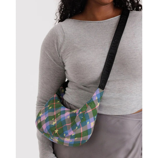 Baggu Small Nylon Crescent Bag - Green Star Plaid