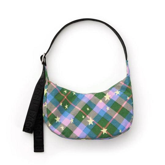 Baggu Small Nylon Crescent Bag - Green Star Plaid