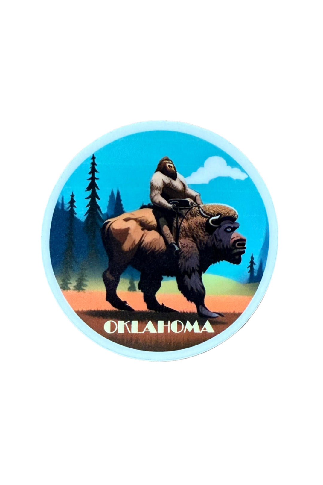 3-inch vinyl sticker of Bigfoot riding a bison with the word “Oklahoma” at the bottom