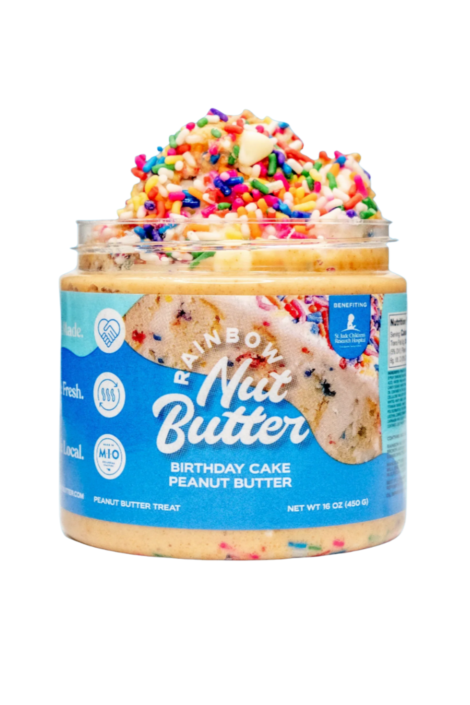 Jar of Rainbow Nut Butter Birthday Cupcake Peanut Butter with colorful sprinkles