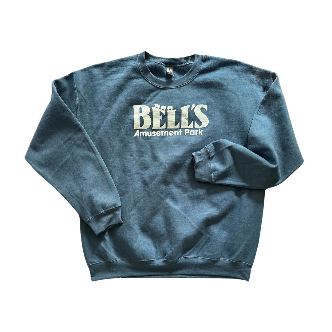 Blue sweatshirt featuring Bell’s Amusement Park Tulsa logo, nostalgic local apparel