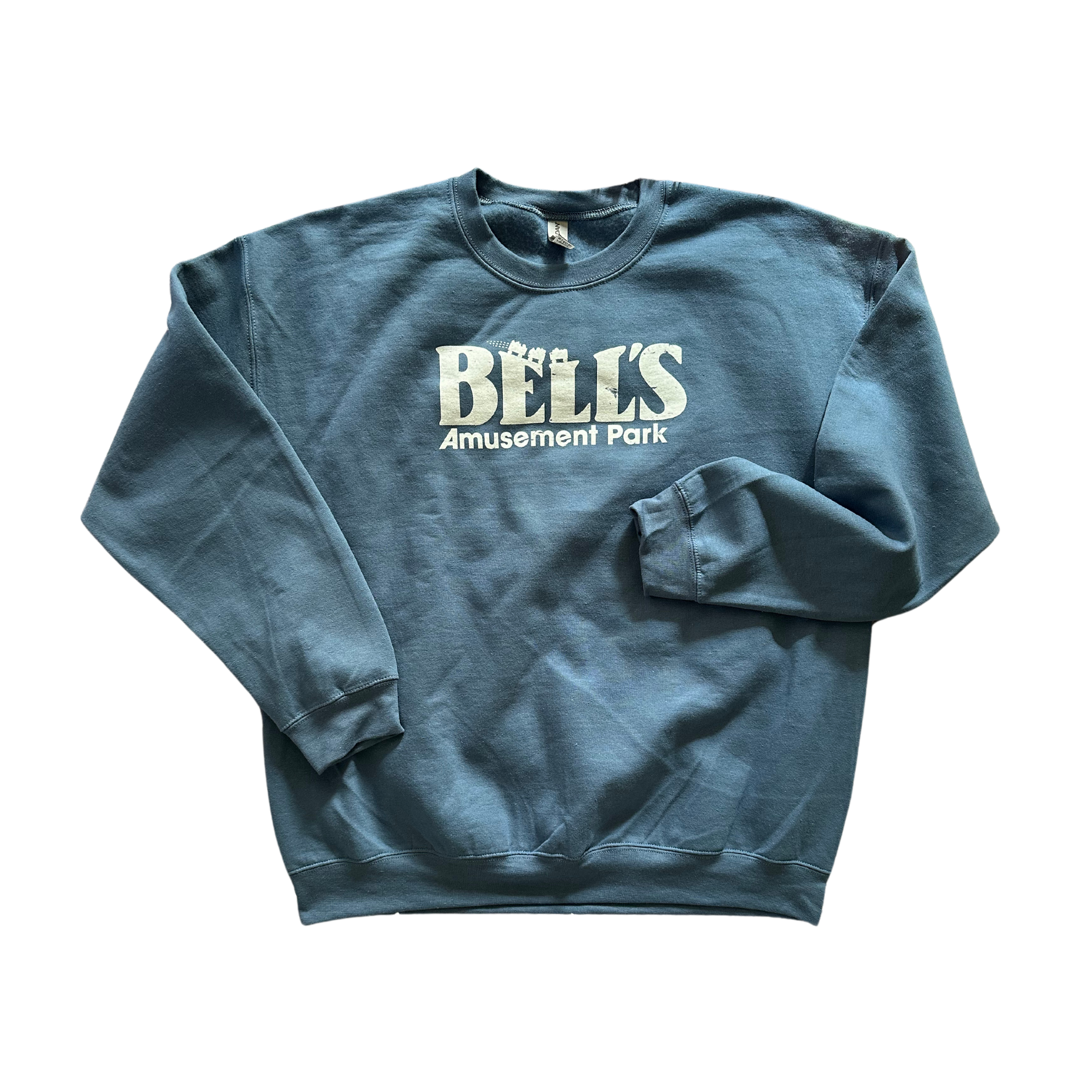 Blue sweatshirt featuring Bell’s Amusement Park Tulsa logo, nostalgic local apparel