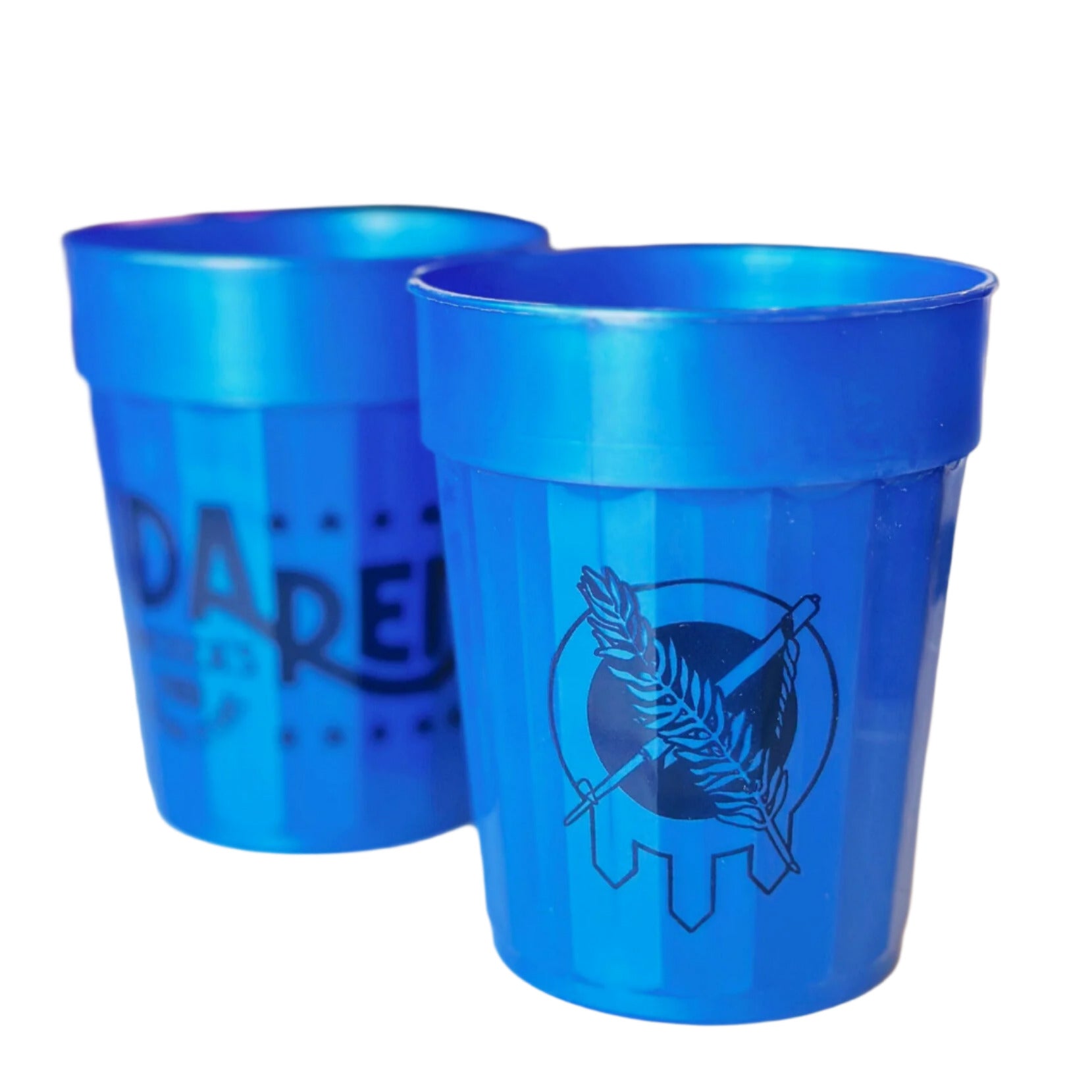 Blue stacking cup featuring Ida Red store logo on one side and Osage shield on the other