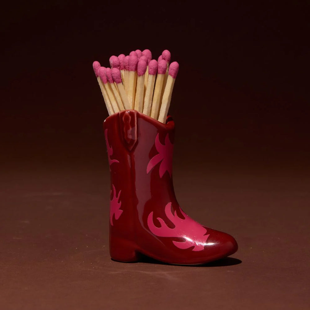 Red & Pink Flame Cowboy Boot Match Holder & Matches