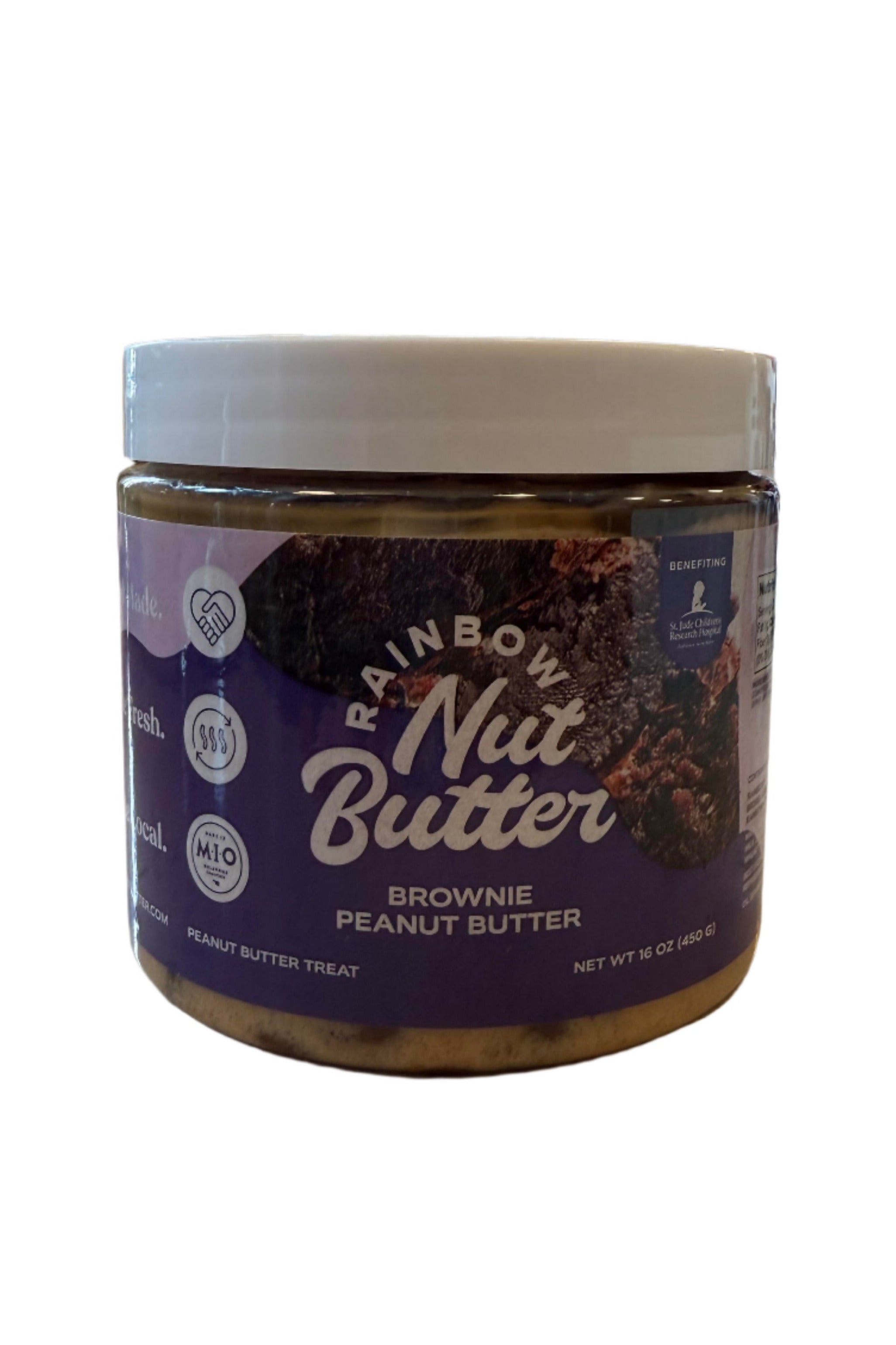 Jar of Brownie Chocolate Chip Peanut Butter from Rainbow Nut Butters, made in Oklahoma