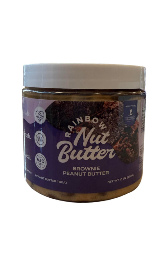 Jar of Brownie Chocolate Chip Peanut Butter from Rainbow Nut Butters, made in Oklahoma