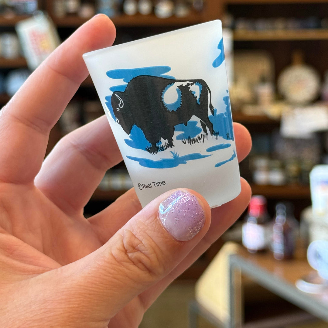 Oklahoma souvenir shot glass with frosted finish and Native-inspired imagery of teepees and a buffalo