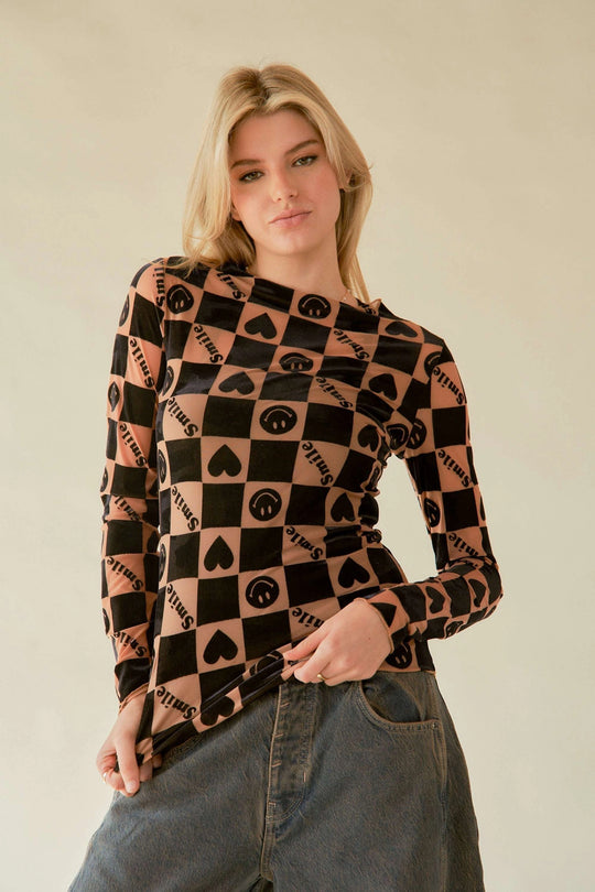Black Smiley Mesh Patern Long Sleeve Top
