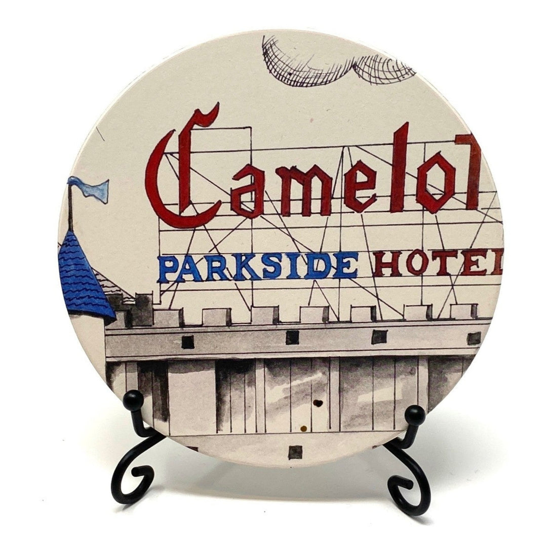 Camelot Parkside Hotel coaster featuring Tulsa’s iconic castle-themed roadside hotel design