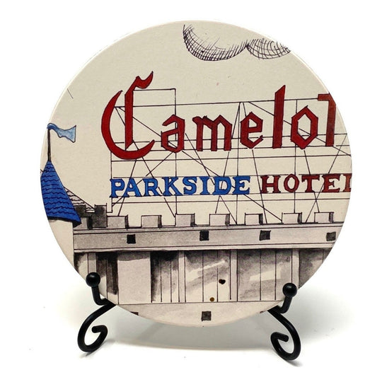 Camelot Parkside Hotel coaster featuring Tulsa’s iconic castle-themed roadside hotel design