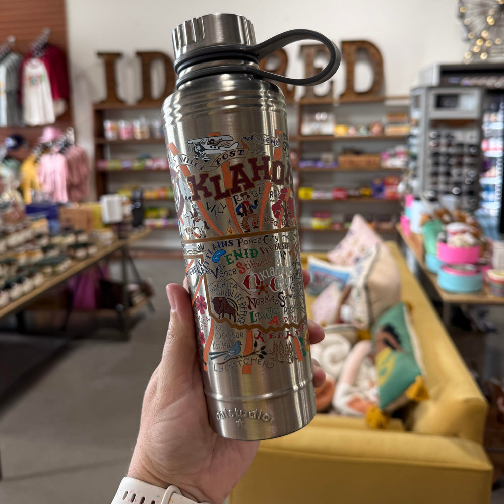 CatStudio-designed Oklahoma insulated water bottle with vibrant state icons – stainless steel souvenir
