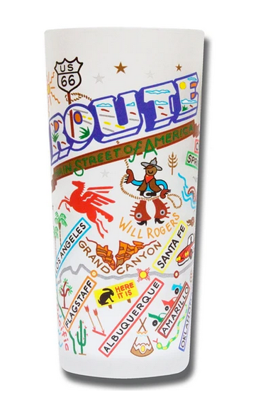 Catstudio Route 66 drinking glass with colorful illustrations of classic highway stops and landmarks