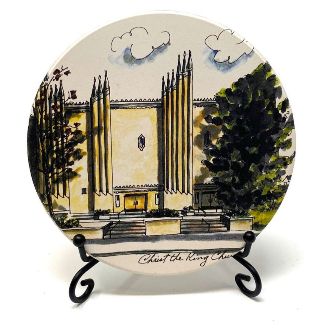 Coaster featuring Christ the King Catholic Church in Tulsa, Oklahoma with Romanesque architecture