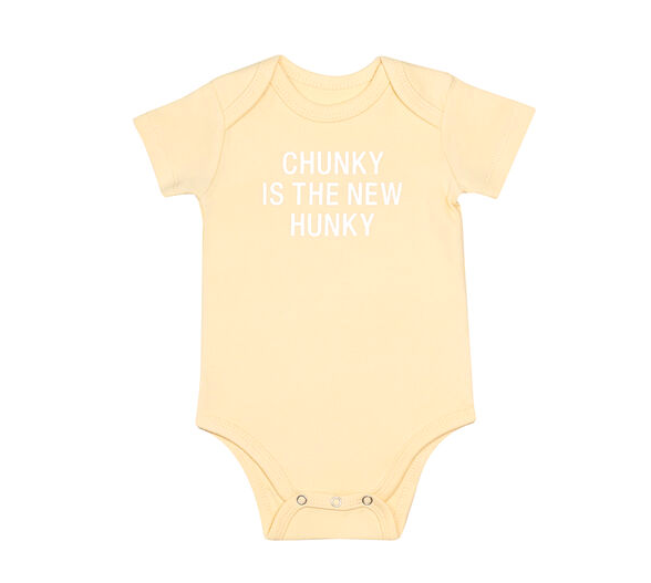 Light cream baby onesie in size 3–6 months with the phrase “Chunky is the New Hunky” printed on the front