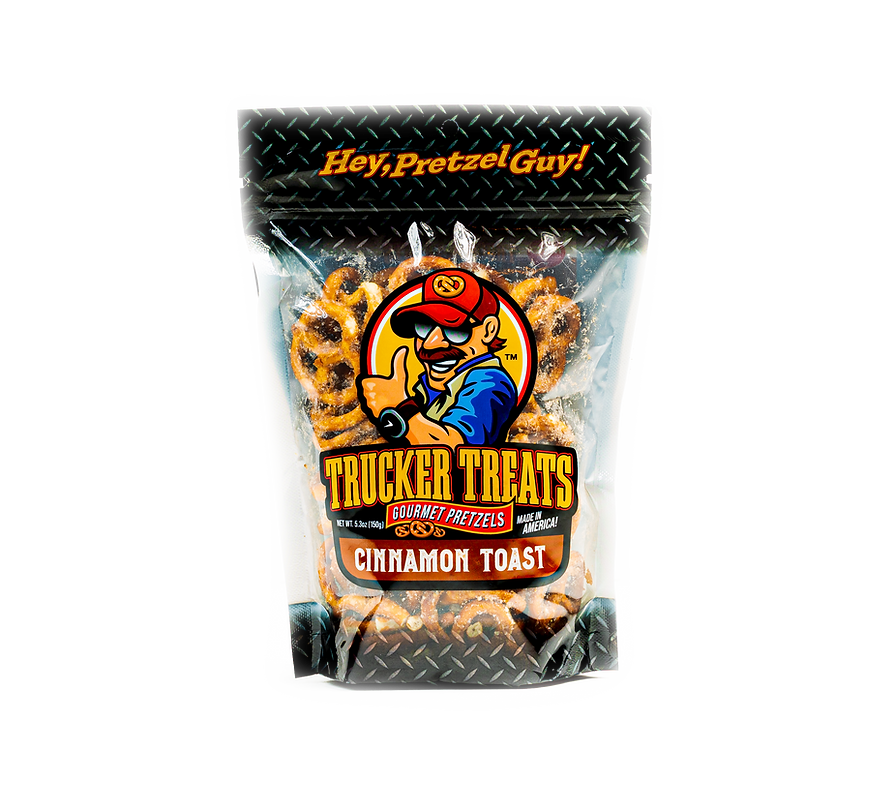 Bag of Trucker Treats Pretzels in Cinnamon Toast Flavor, sweet and crunchy Oklahoma-made snack