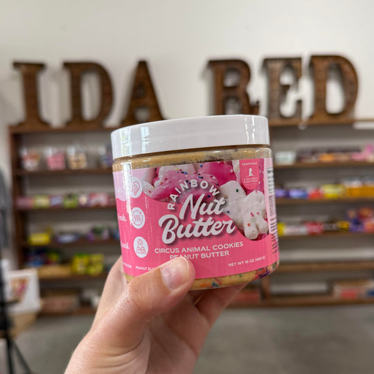 Jar of Circus Animal Cookies Peanut Butter by Rainbow Nut Butter, made in Oklahoma