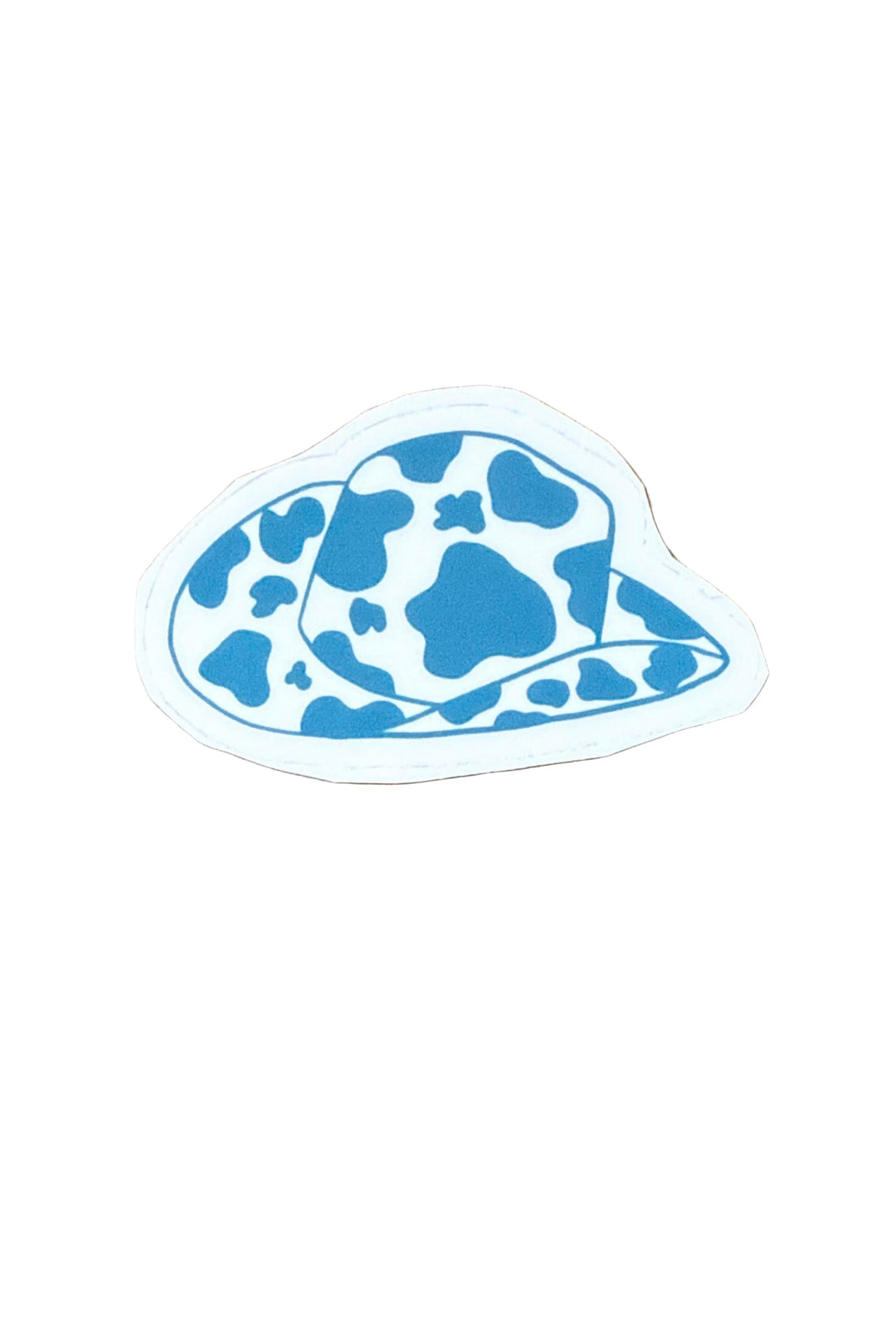 Vinyl sticker of a white cowboy hat with bright blue cow spots – western style decal