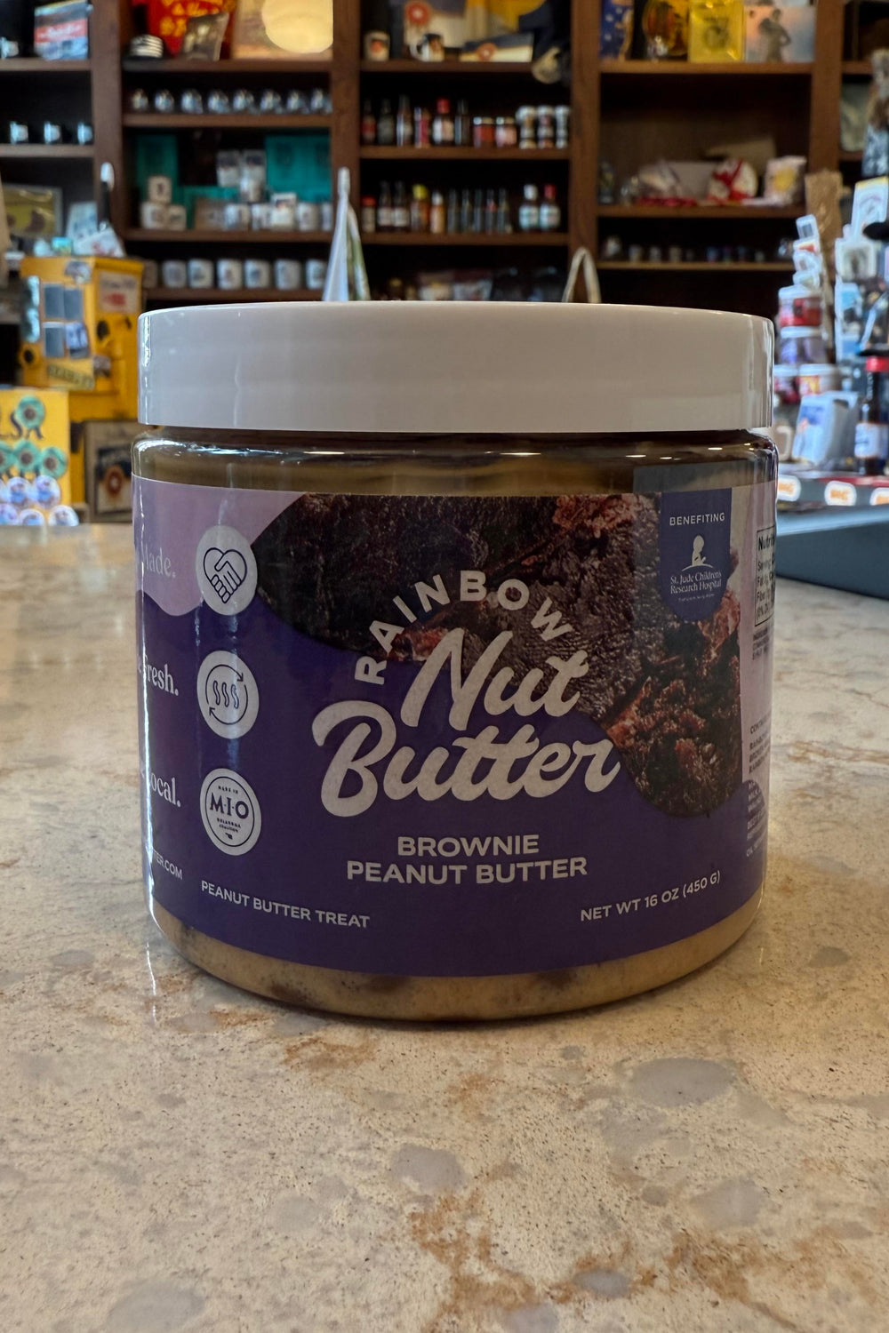 Indulgent brownie and chocolate chip peanut butter spread made in Oklahoma by Rainbow Nut Butters