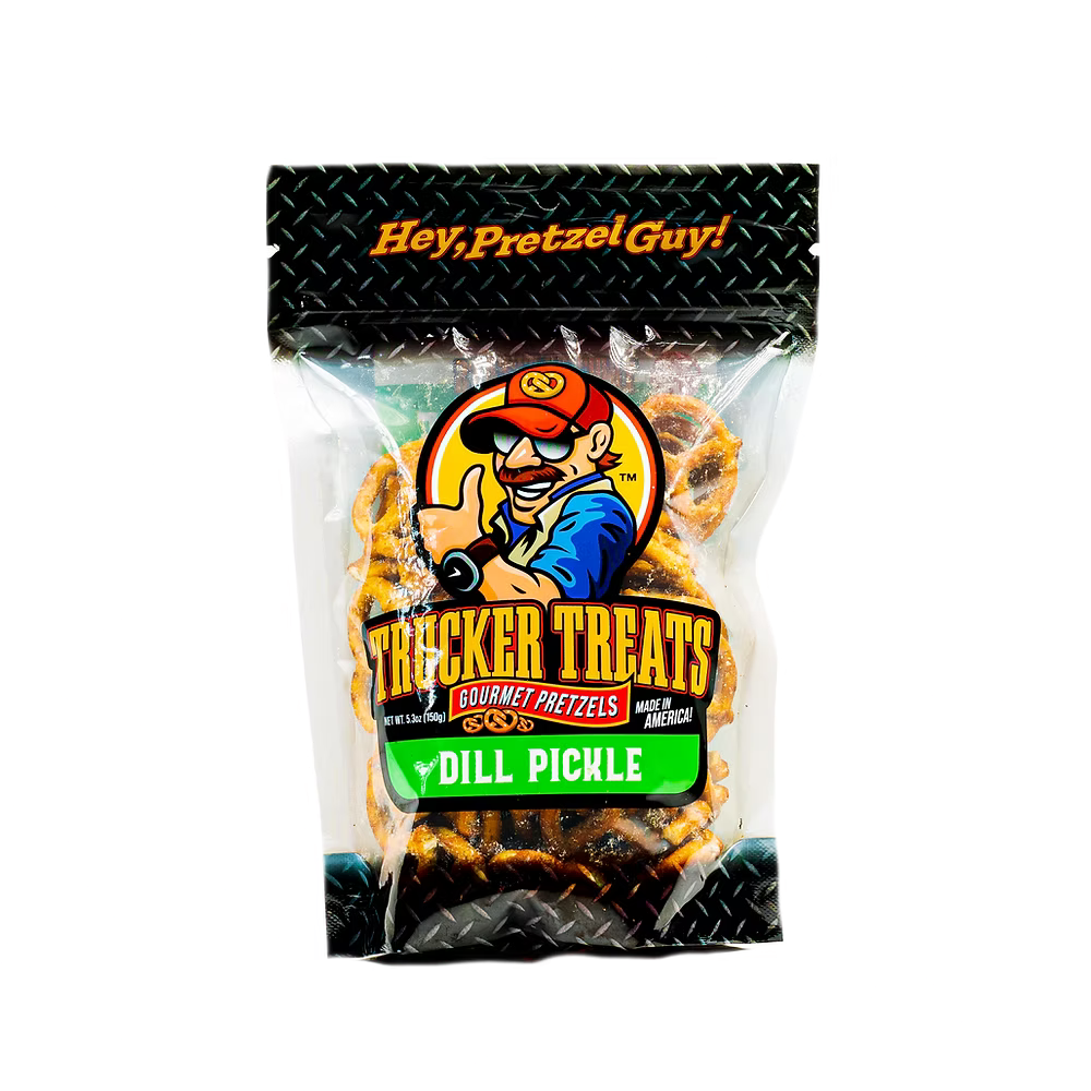Bag of Trucker Treats Pretzels in Dill Pickle Flavor, crunchy Oklahoma-made snack