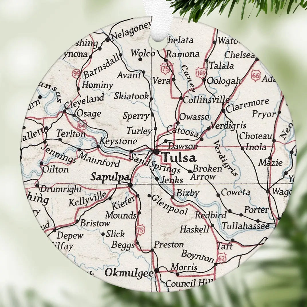 Aluminum Tulsa Oklahoma Map Ornament