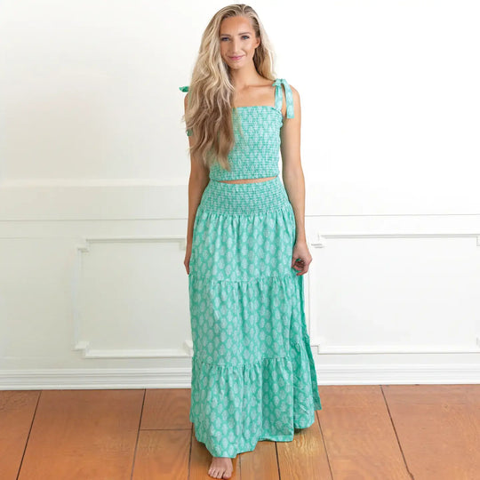 Green Block Print Smocked Tie Top & Skirt Set
