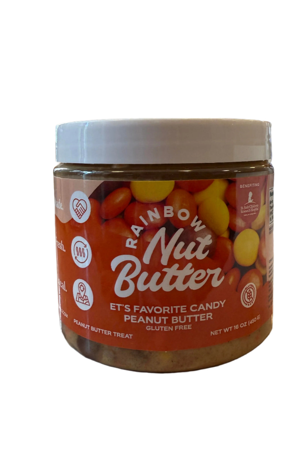 Jar of ET’s Favorite Candy Peanut Butter with colorful candy pieces by Rainbow Nut Butters, made in Oklahoma