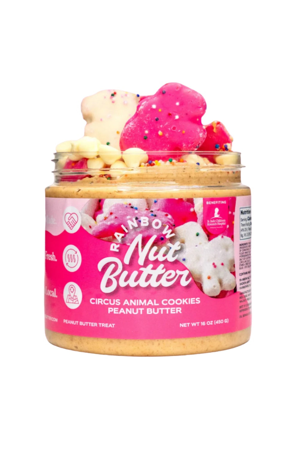 Colorful and nostalgic peanut butter with circus cookies made by Rainbow Nut Butter in Oklahoma
