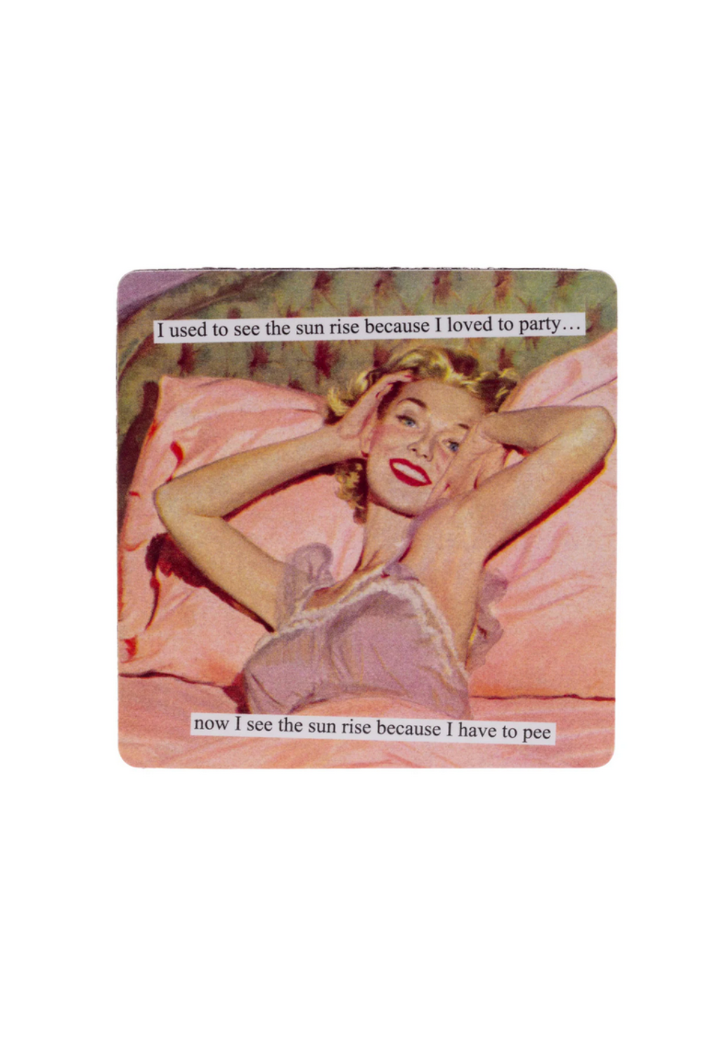 Retro magnet featuring mid-century art and funny text about mornings and aging