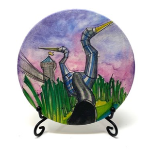 Full-color hand-drawn illustration of the Gathering Place slides on a Waterstone coaster from the Tulsa in Ink collection