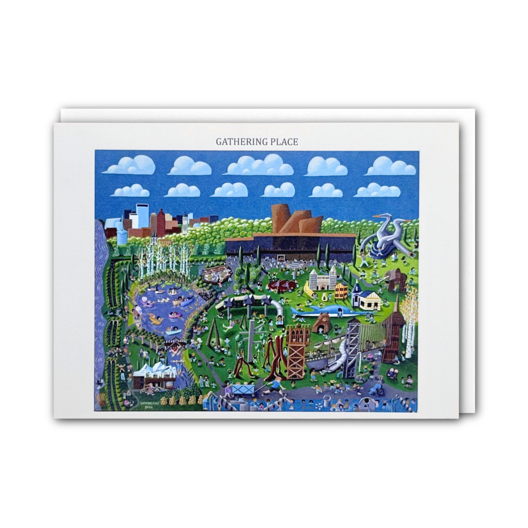 A card titled 'GATHERING PLACE' showing a colorful illustrated park scene with blue sky, clouds, green trees, water features, and buildings, photographed against a light gray background.
