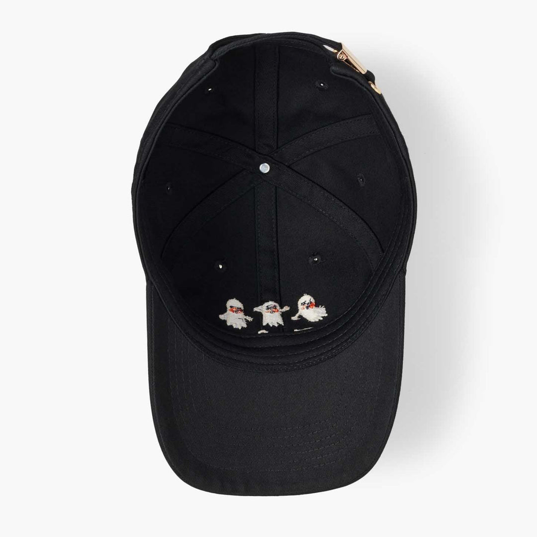 A black baseball cap featuring three embroidered ghosts on the front of the brim, shown against a plain white background.