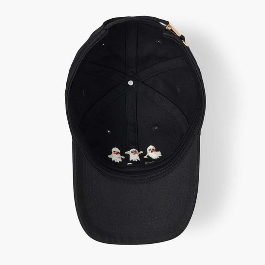 A black baseball cap featuring three embroidered ghosts on the front of the brim, shown against a plain white background.