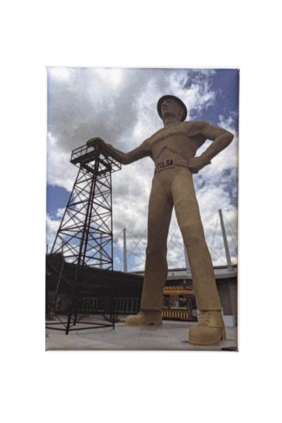 Photo magnet featuring the Golden Driller statue in Tulsa, Oklahoma
