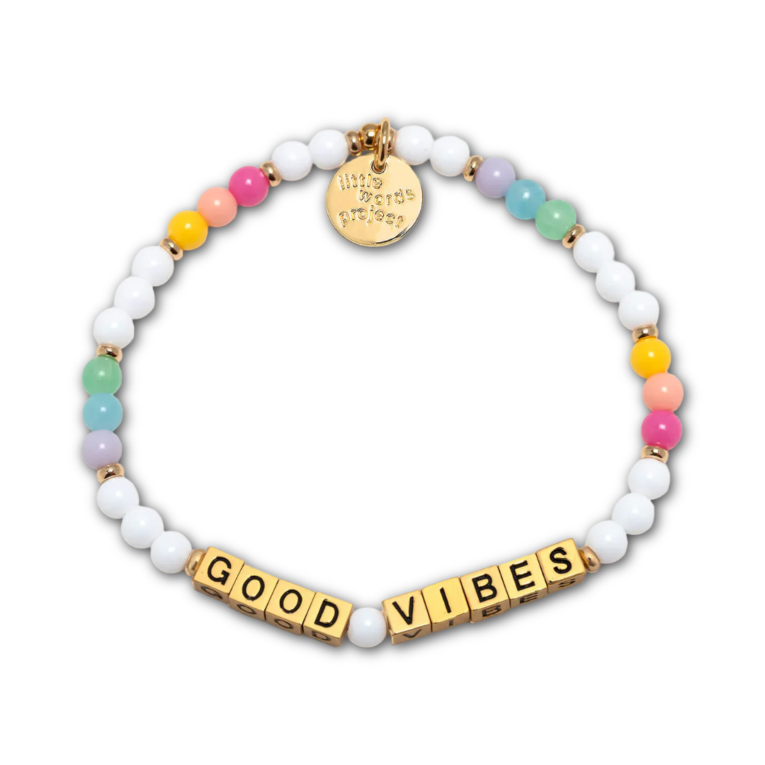 Bracelet with white and rainbow beads and gold letter beads spelling out "GOOD VIBES".