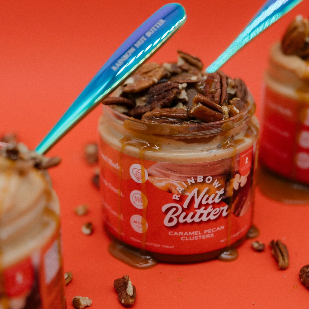 Delicious pecan chocolate caramel peanut butter spread, perfect for desserts and snacking