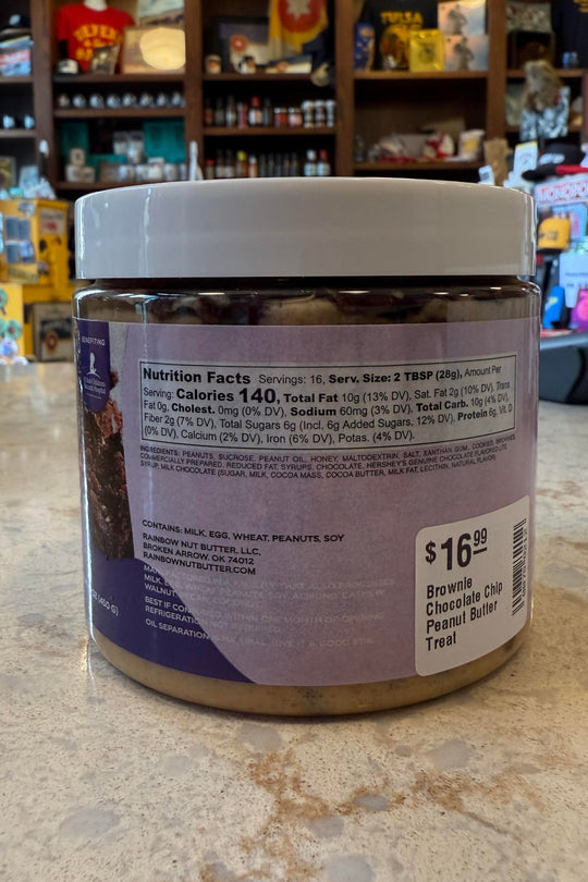 Rich, dessert-style peanut butter with brownie and chocolate chips from Rainbow Nut Butters in Oklahoma