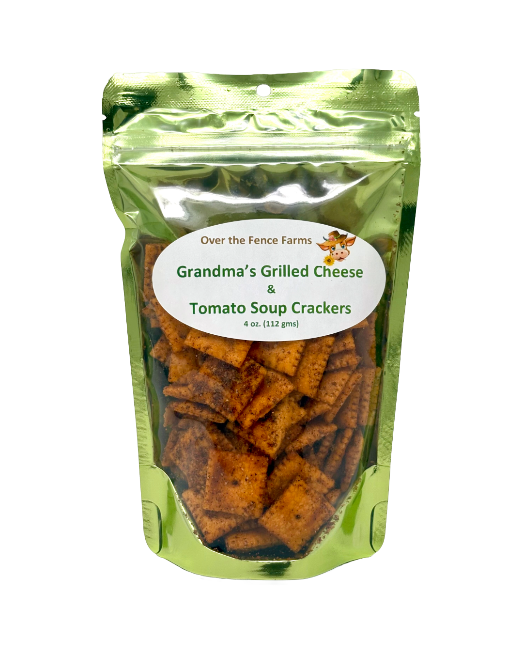 Bag of Grandma’s Grilled Cheese & Tomato Soup Crackers, seasoned snack mix by Over the Fence