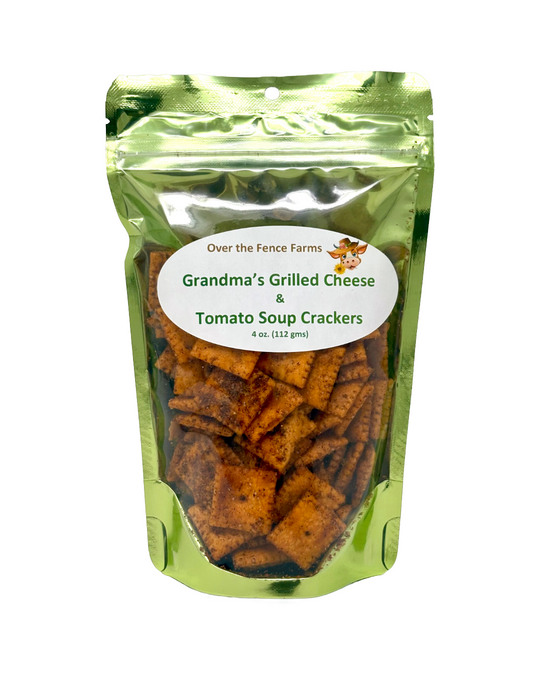Bag of Grandma’s Grilled Cheese & Tomato Soup Crackers, seasoned snack mix by Over the Fence