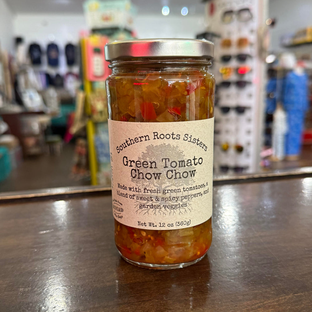 Oklahoma-made green tomato relish with onions, peppers, and spices – perfect Southern gift or pantry staple