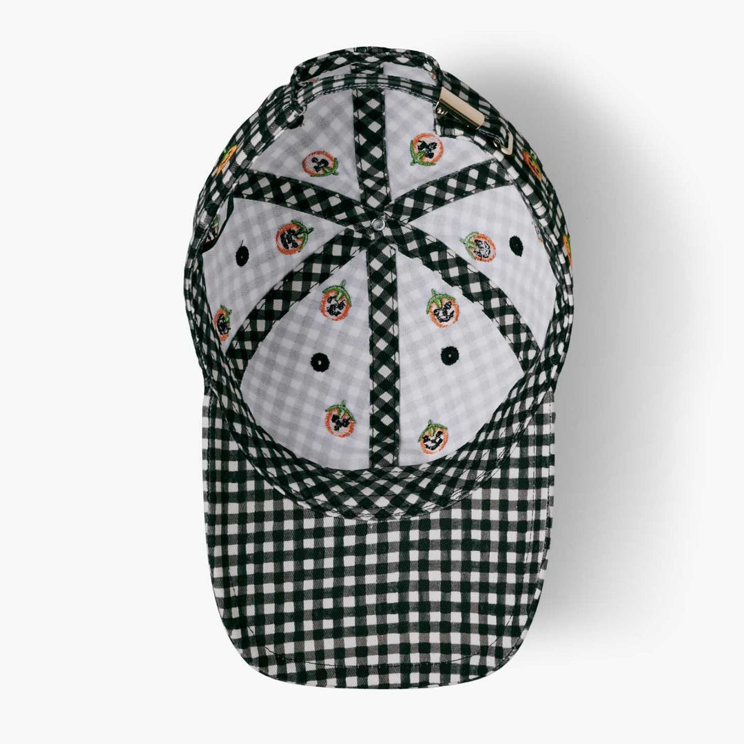 A baseball cap featuring a black and white gingham pattern on the brim and side panels, with white front panels decorated with small embroidered floral motifs, shown against a plain white background.
